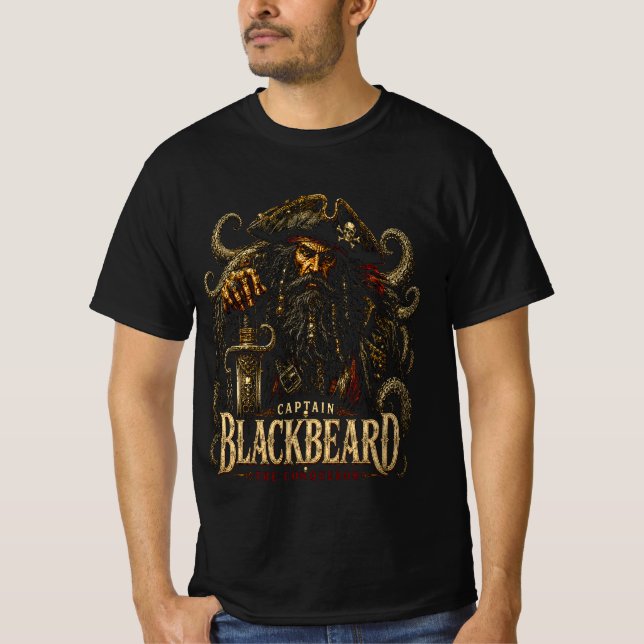 Captain Blackbeard Pirate Tee | Skull, Sword, Naut (Front)