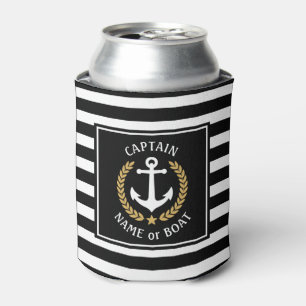 Captain Boat Name Anchor Gold Laurel Black Stripe Can Cooler