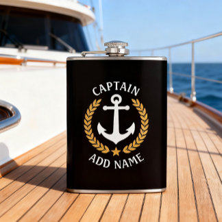 Captain Boat Name Anchor Gold Style Laurel Black Hip Flask