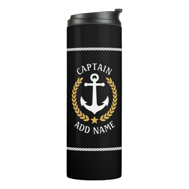 Captain Boat Name Anchor Gold Style Laurel Black Thermal Tumbler (Rotated Left)