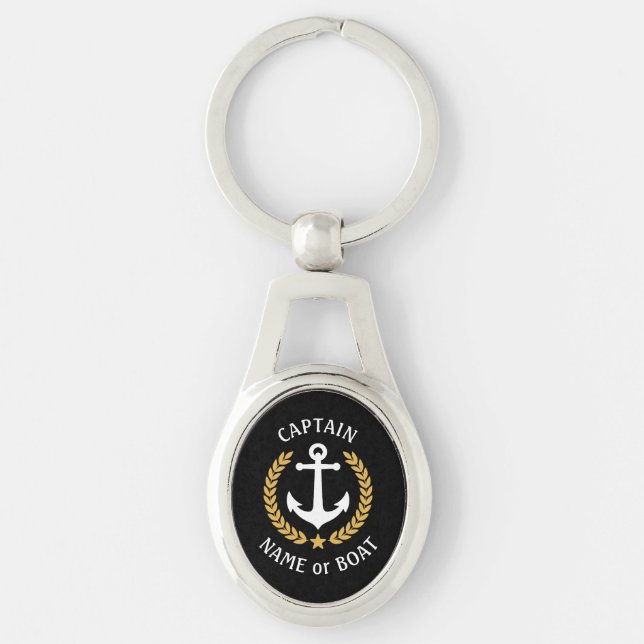 Captain Boat Name Anchor Gold Style Laurel Metal Key Ring (Front)