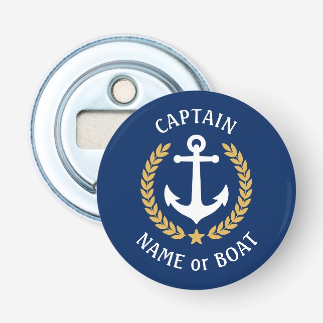 Captain Boat Name Anchor Gold Style Laurel Navy Bottle Opener (Front)
