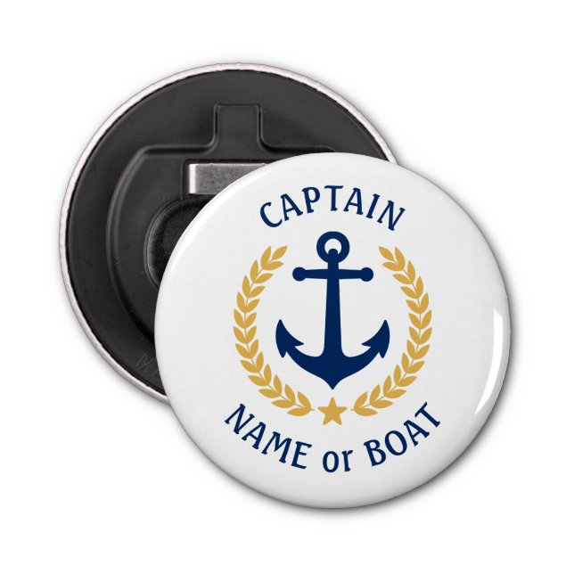 Captain Boat Name Anchor Gold Style Laurel Round Bottle Opener (Front)