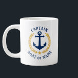 Captain Boat Name Anchor Gold Style Laurel Star Large Coffee Mug<br><div class="desc">A Personalised giant 20-ounce coffee Mug with Captain rank or other title,  your boat name,  family name or other desired text. Featuring a custom designed nautical boat anchor,  gold style laurel leaves and star emblem. Makes a great gift for any occasion.</div>