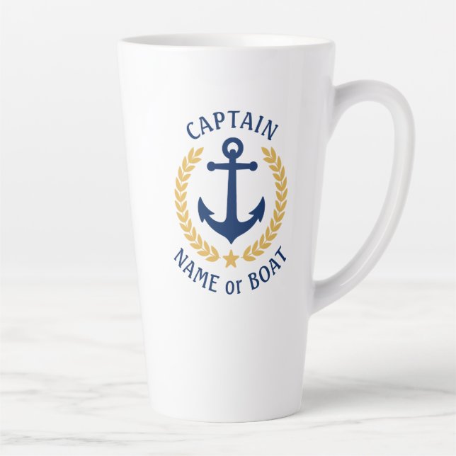 Captain Boat Name Anchor Gold Style Laurel Star Latte Mug (Right)