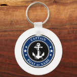 Captain Boat Name Anchor Rope Stars Photo Back Key Ring<br><div class="desc">A nautical themed, two sided, round metal keychain. On the front side is your personalized name, boat name or other text and the Captain rank or other title as desired. The front side also features a custom designed boat anchor with rope and stars in classic navy blue, black and white....</div>