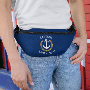 Captain Boat Name Nautical Anchor Gold Laurel Navy Bum Bags