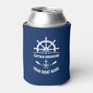 Captain & Boat Name Nautical Anchor Oars Helm Navy Can Cooler