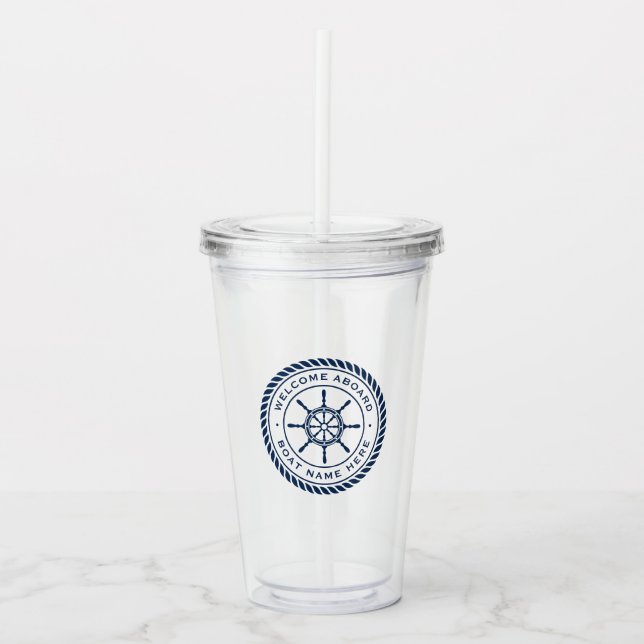 Captain boat name rope frame nautical ship's wheel acrylic tumbler (Front)