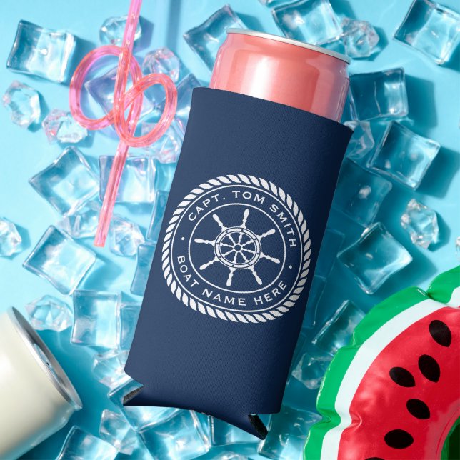 Captain boat name rope frame nautical ship's wheel seltzer can cooler (In Situ Summer)