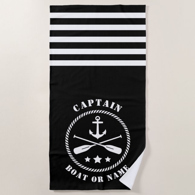Captain Boat or Name Nautical Anchor & Oars Black Beach Towel (Front)