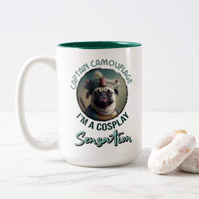 Captain Camouflage: Funny Pug in a Costume Two-Tone Coffee Mug (With Donut)