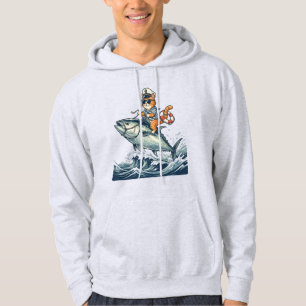 Captain Cat Riding Giant Tuna Funny Fishing Design Hoodie