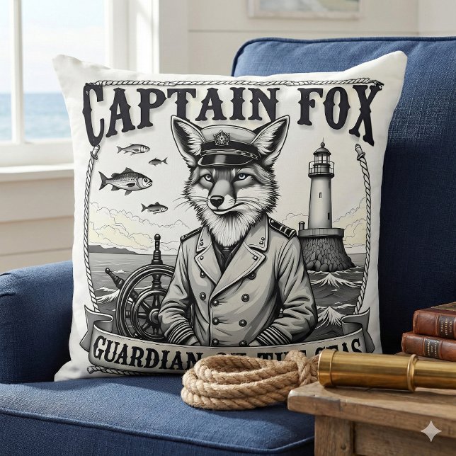 Captain Fox Guardian of Seas Nautical Design Cushion (Captain Fox Guardian of Seas Nautical Design Throw Pillow Mockup A)