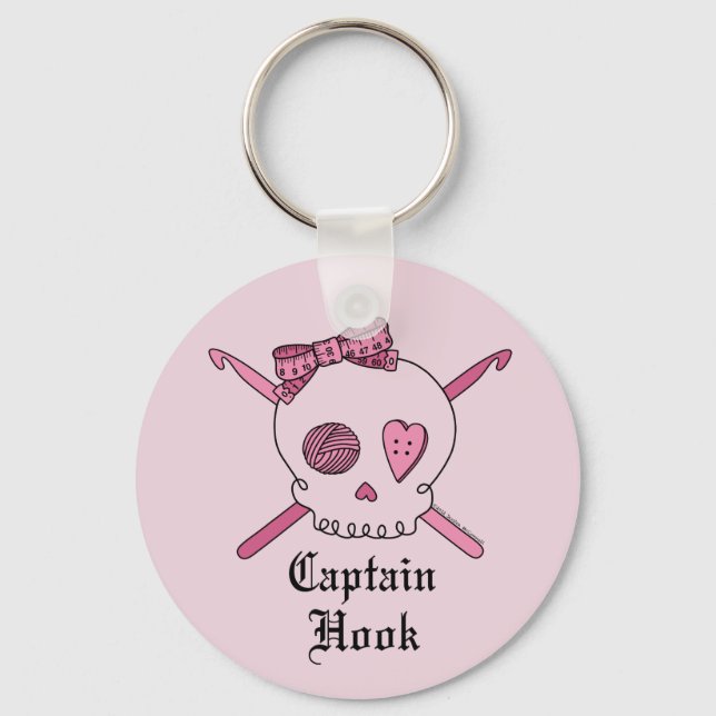 Captain Hook Skull & Crochet Hooks (Pink Back) Key Ring (Front)