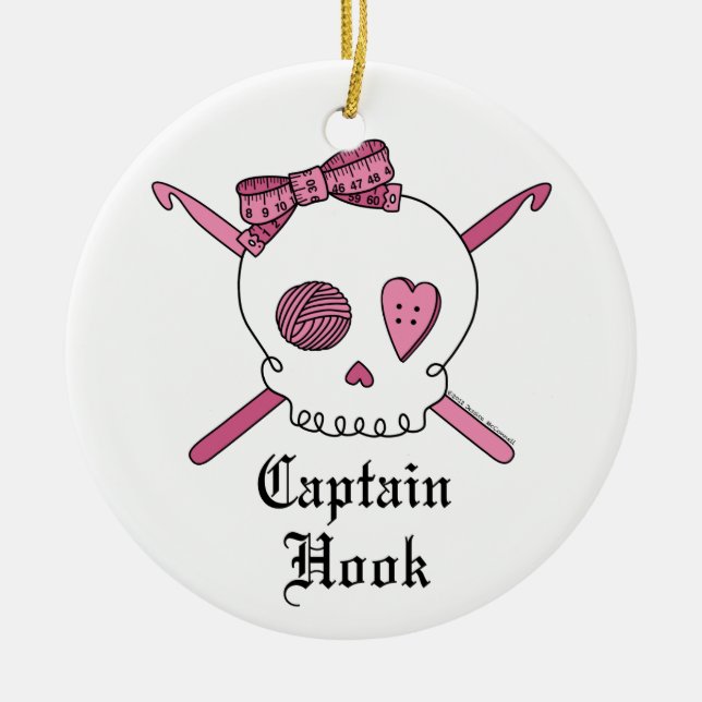 Captain Hook Skull & Crochet Hooks (Pink) Ceramic Tree Decoration (Front)