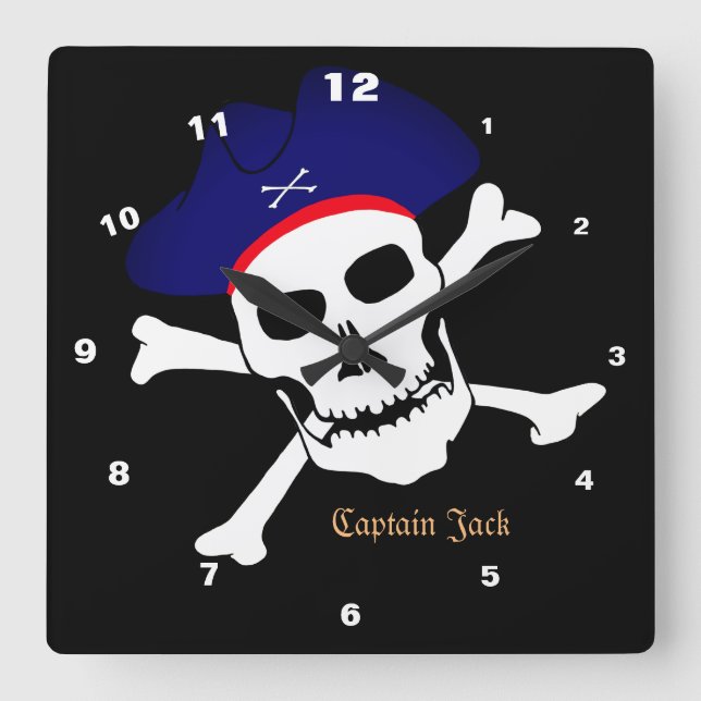 Captain Jack & Pirates Flag, Skull House / Boat Square Wall Clock (Front)