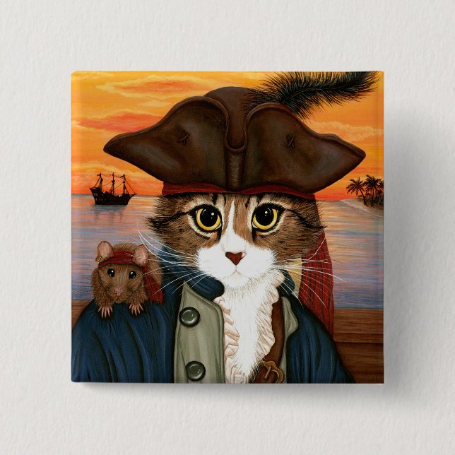 Captain Leo, Pirate Cat & Rat Fantasy Art Button (Front)
