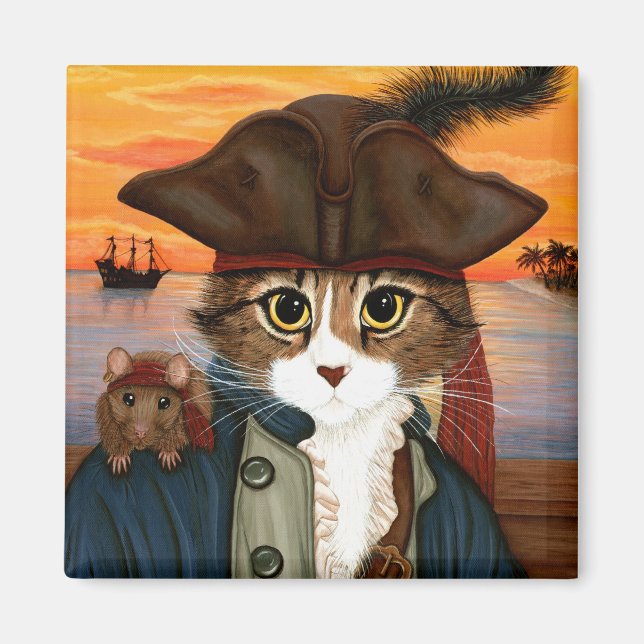 Captain Leo, Pirate Cat & Rat Fantasy Art Magnet (Front)