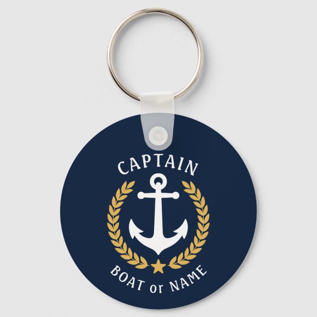 Captain Name Anchor Gold Laurel Photo Back Blue Key Ring (Front)
