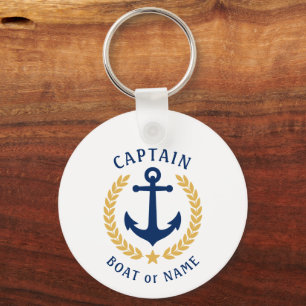 Captain Name Anchor Gold Laurel Photo Back White Key Ring
