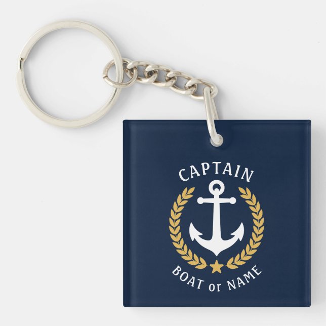 Captain Name Anchor Gold Laurel Picture Back Blue Key Ring (Front)