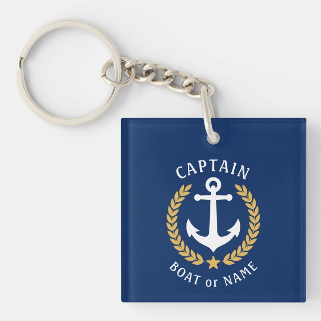 Captain Name Anchor Gold Laurel Picture Back Navy Key Ring (Front)