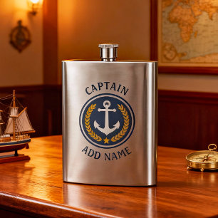 Captain Name Anchor Gold Style Laurel Stainless Hip Flask