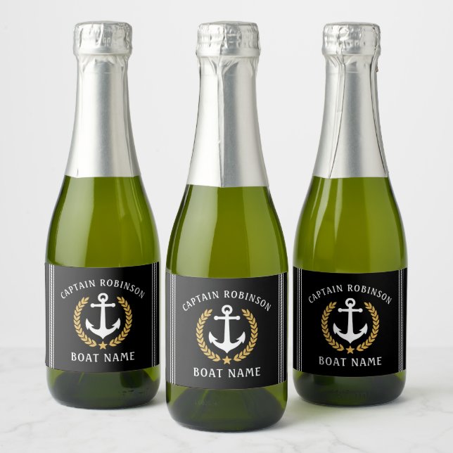 Captain Name And Boat Anchor Gold Laurel Mini Sparkling Wine Label (Bottles)