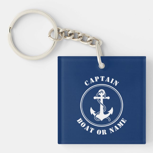 Captain Name Boat Anchor Rope Photo Back Navy Key Ring (Front)