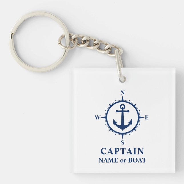 Captain Name Boat Compass Anchor Photo Back White Key Ring (Front)
