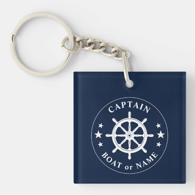 Captain Name Boat Wheel Helm Stars  Photo Back Key Ring (Front)