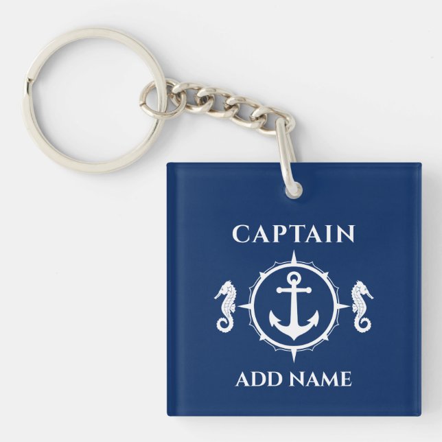 Captain Name Seahorse Boat Anchor Photo Back Blue Key Ring (Front)