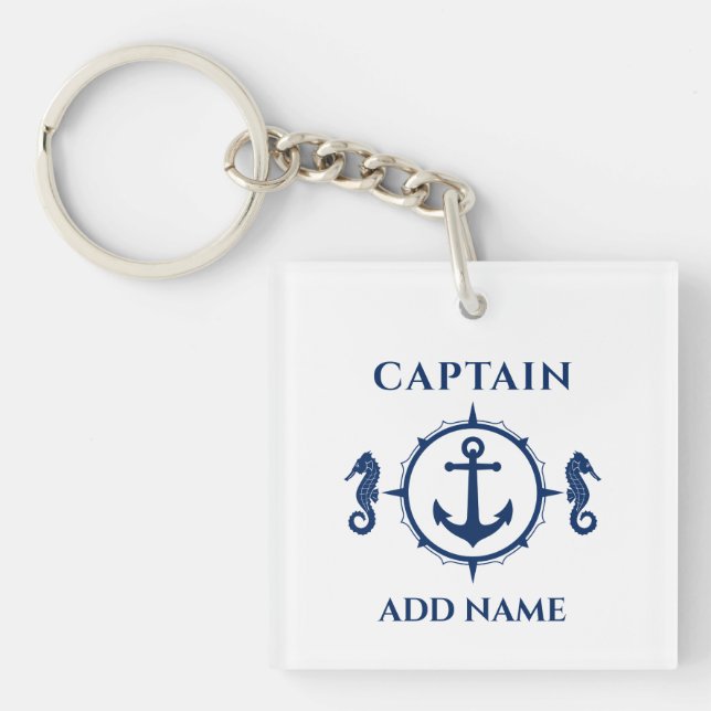 Captain Name Seahorse Boat Anchor Photo Back White Key Ring (Front)