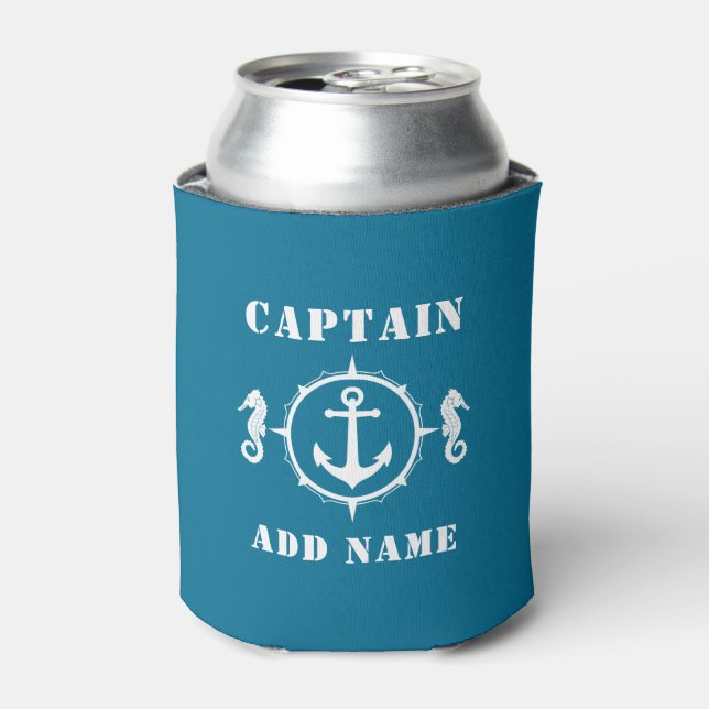 Captain or Boat Name Anchor Seahorse Aqua Blue Can Cooler (Can Front)
