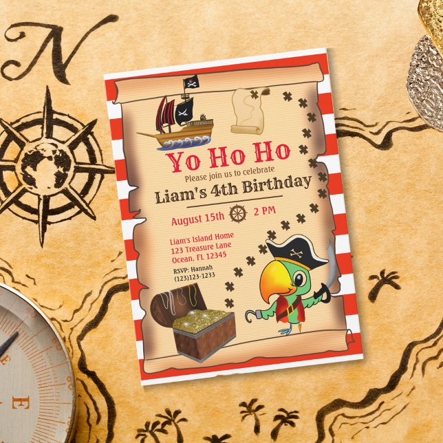 Captain Parrot Treasure Pirate Boy's Birthday  Inv Invitation (Creator Uploaded)