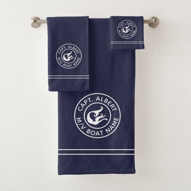 Captain Personalised Mermaid Logo Navy Towel Set (Insitu)
