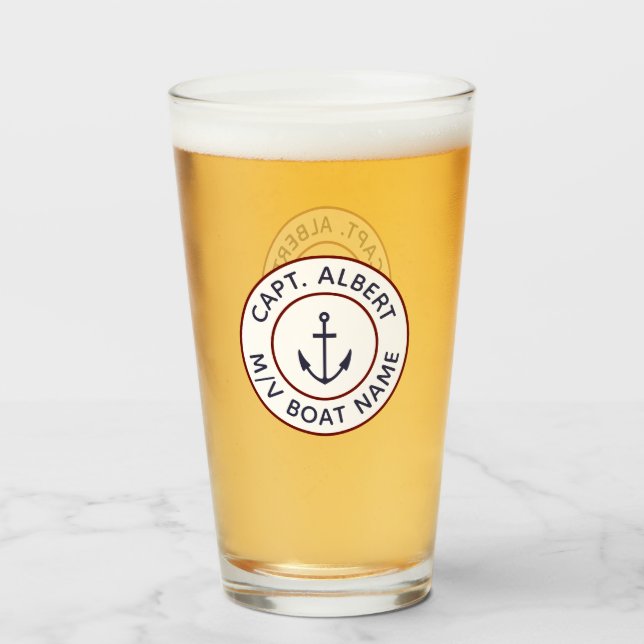Captain Personalised White Blue Anchor Logo Glass (Front Filled)
