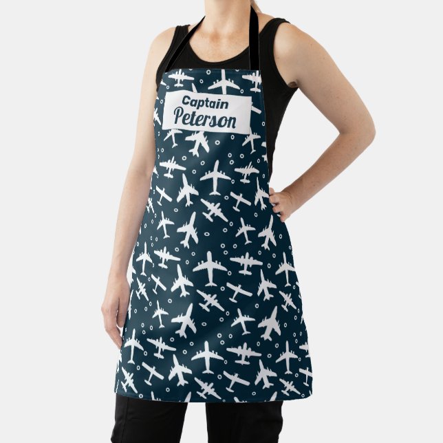 Captain Pilot Blue and White Aeroplane Patterned Apron (Insitu)