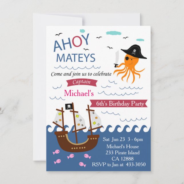 Captain Pirate Octopus Birthday Party Invitation (Front)