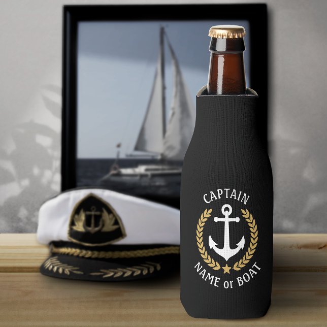 Captain Your Boat Name Anchor Gold Laurel Black Bottle Cooler (Creator Uploaded)