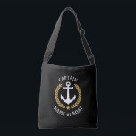 Captain Your Boat Name Anchor Gold Laurel Black Crossbody Bag<br><div class="desc">A stylish cross-body tote bag with Captain or other title, your personalised name, boat name or other desired text. Features a custom designed nautical boat anchor with gold style laurel leaves and star on black. Easily customise the base colour to match your current decor or theme. Reusable and great for...</div>
