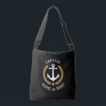 Captain Your Boat Name Anchor Gold Laurel Black Crossbody Bag<br><div class="desc">A stylish cross-body tote bag with Captain or other title, your personalised name, boat name or other desired text. Features a custom designed nautical boat anchor with gold style laurel leaves and star on black. Easily customise the base colour to match your current decor or theme. Reusable and great for...</div>