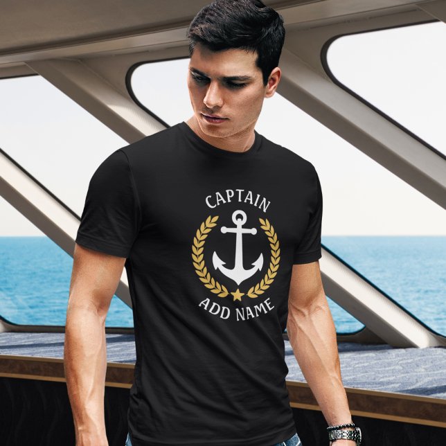 Captain Your Boat Name Anchor Gold Laurel Black T-Shirt (Creator Uploaded)