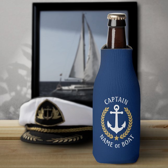 Captain Your Boat Name Anchor Gold Laurel Blue Bottle Cooler (Creator Uploaded)