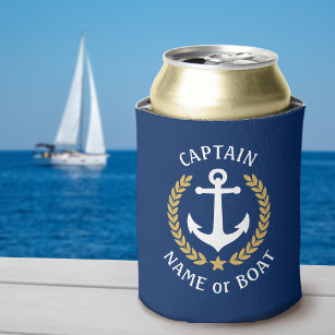 Captain Your Boat Name Anchor Gold Laurel Navy Can Cooler