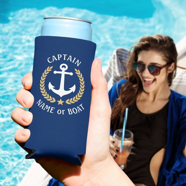Captain & Your Boat Name Anchor Gold Laurel Navy Seltzer Can Cooler (Creator Uploaded)