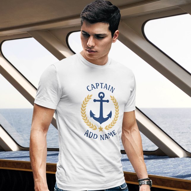 Captain Your Boat Name Anchor Gold Laurel White T-Shirt (Creator Uploaded)