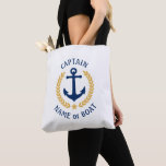 Captain Your Boat Name Anchor Gold Laurel White Tote Bag<br><div class="desc">A stylish tote bag with Captain or other title, your personalised name, boat name or other desired text. Features a custom designed nautical boat anchor with gold style laurel leaves and star on white. Easily customise the base colour to match your current decor or theme. Reusable and great for vacation,...</div>