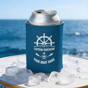 Captain Your Boat Name Nautical Anchor Oars Helm Can Cooler